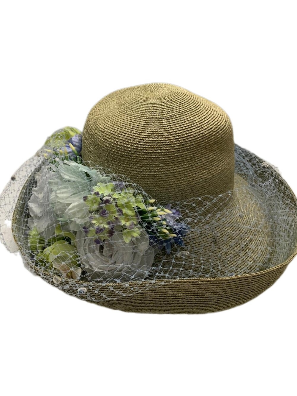 Nordstrom Women's Straw Wide Brim Sun Hat w/ Mesh Veil Floral Accent